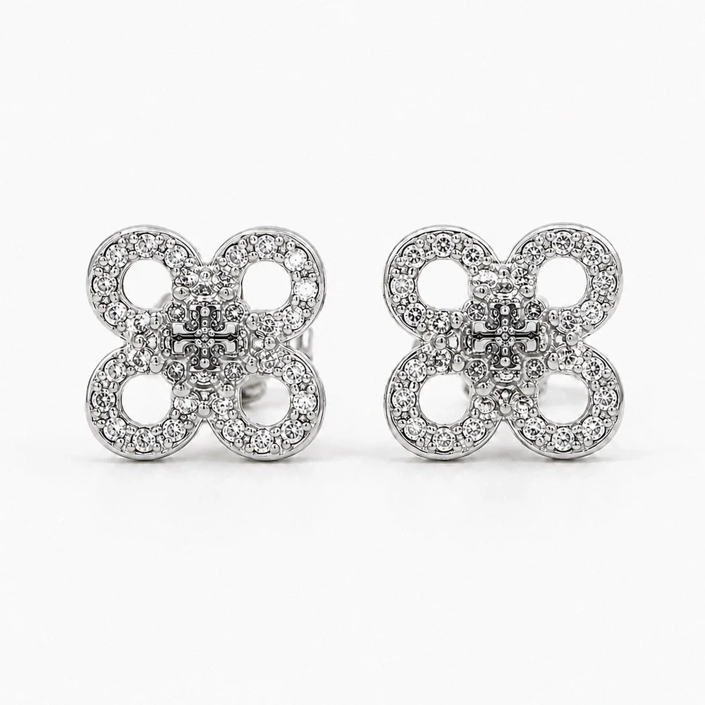 NWT Tory Burch Quatrefoil Silver Pave Stud Earrings / Dustbag Included/Brand New